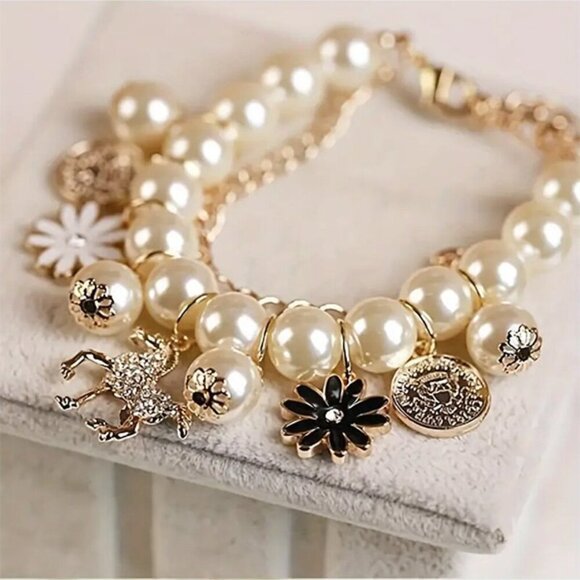Jewelry - Horse Flowers Charm Dangle and Pearl Chain Bracelet